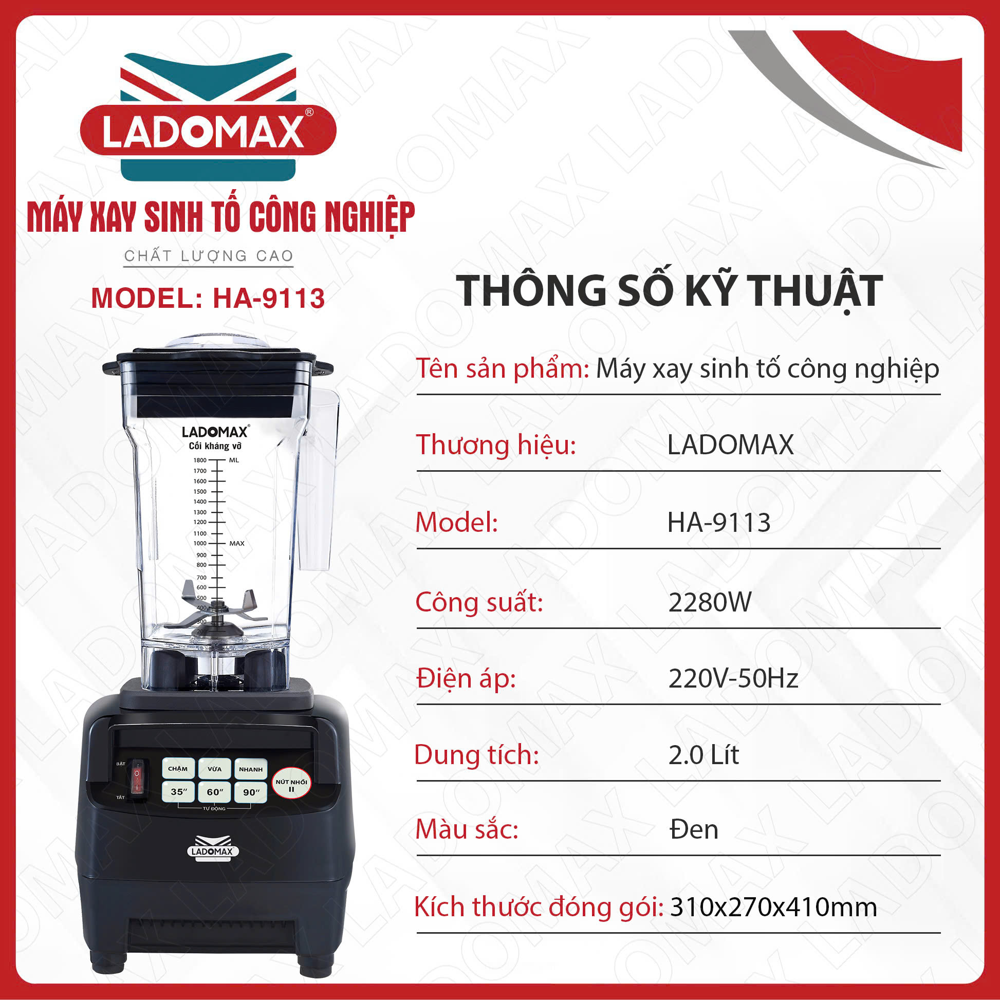 Máy xay sinh tố công nghiệp Ladomax HA9113 phá đá tuyết nhanh, công suất 2280W, có hẹn giờ, moto đồng-Hàng chính hãng