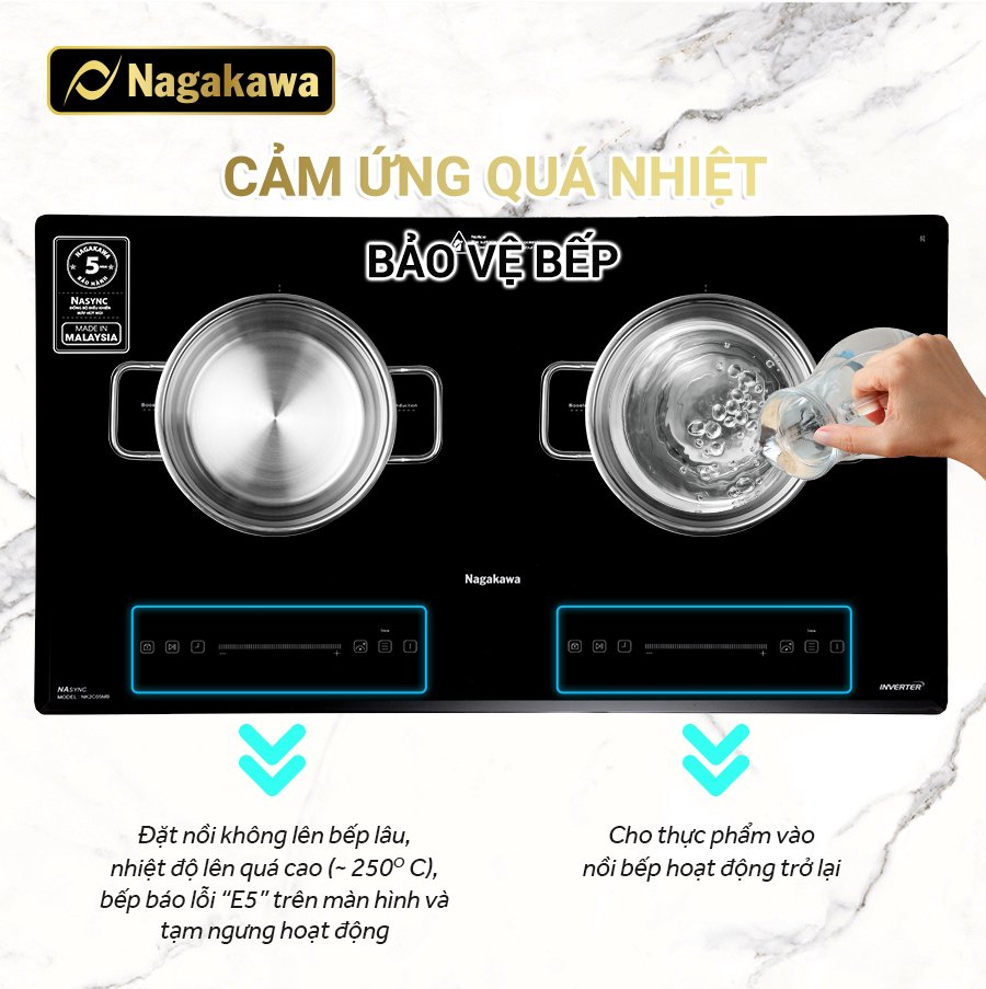 Miễn phí giao lắp toàn quốc - Bếp Đôi Điện Từ Nagakawa NK2C05MB - Made in Malaysia - Bảo hành 5 năm - Hàng Chính Hãng