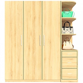 Tủ quần áo gỗ MDF Tundo 3 cánh 3 ngăn kéo màu vàng sồi 180 x 55 x 200cm