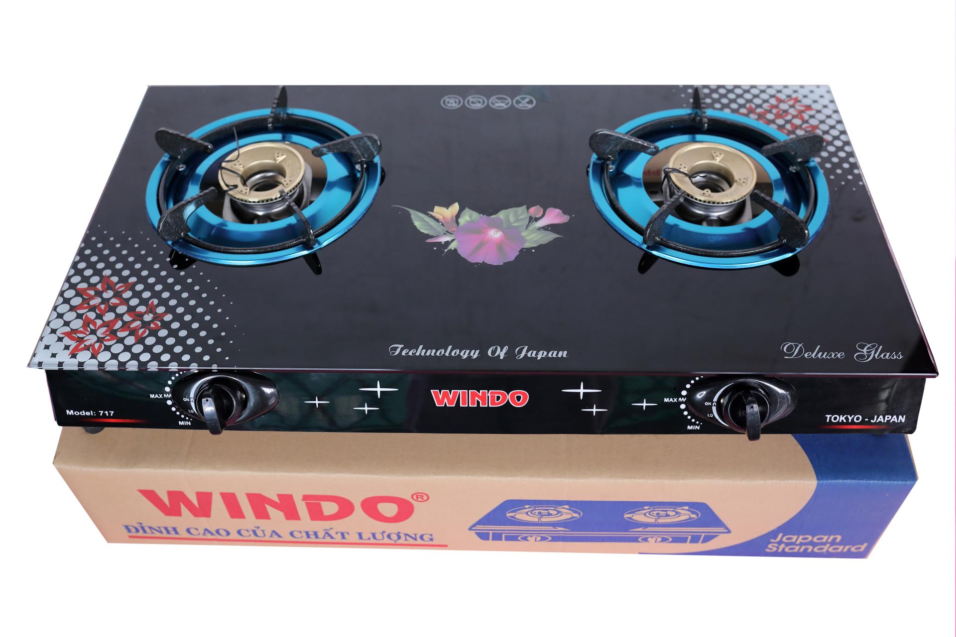 Bếp Ga Đôi WINDO - WD717- Mặt Kiếng Cường Lực Đầu Đốt Đồng Khung Inox Bền Bỉ (Hoa Văn Ngẫu Nhiên)-Hàng Chính Hãng
