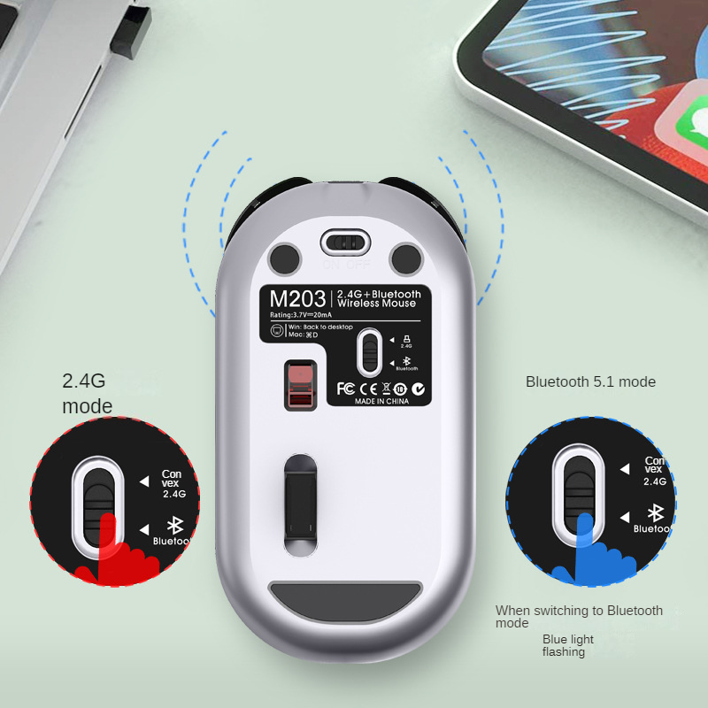 Chuột không dây M203 - Bluetooth + USB Wireless 2.4G - Pin sạc typeC - Chống ồn - chống mỏi cổ tay hàng nhập khẩu