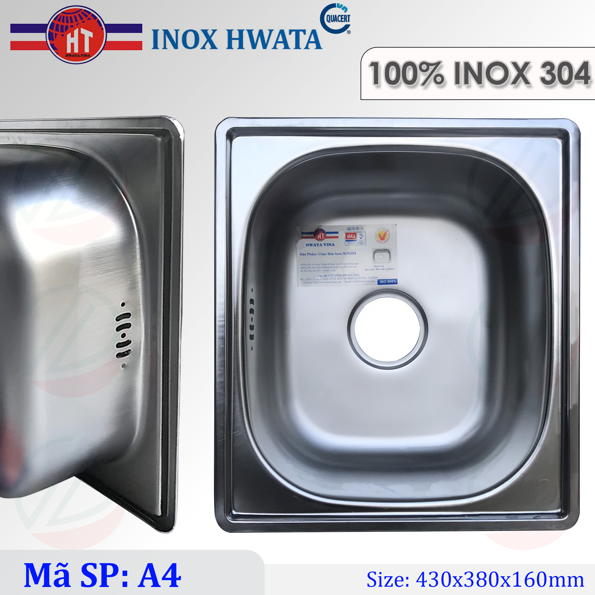 Bộ Chậu Rửa Chén Bát SUS304 HWATA Treo Tường 43x38cm Kèm Vòi Lạnh - Đủ bộ gồm Chậu, khung treo, xi phông, vòi