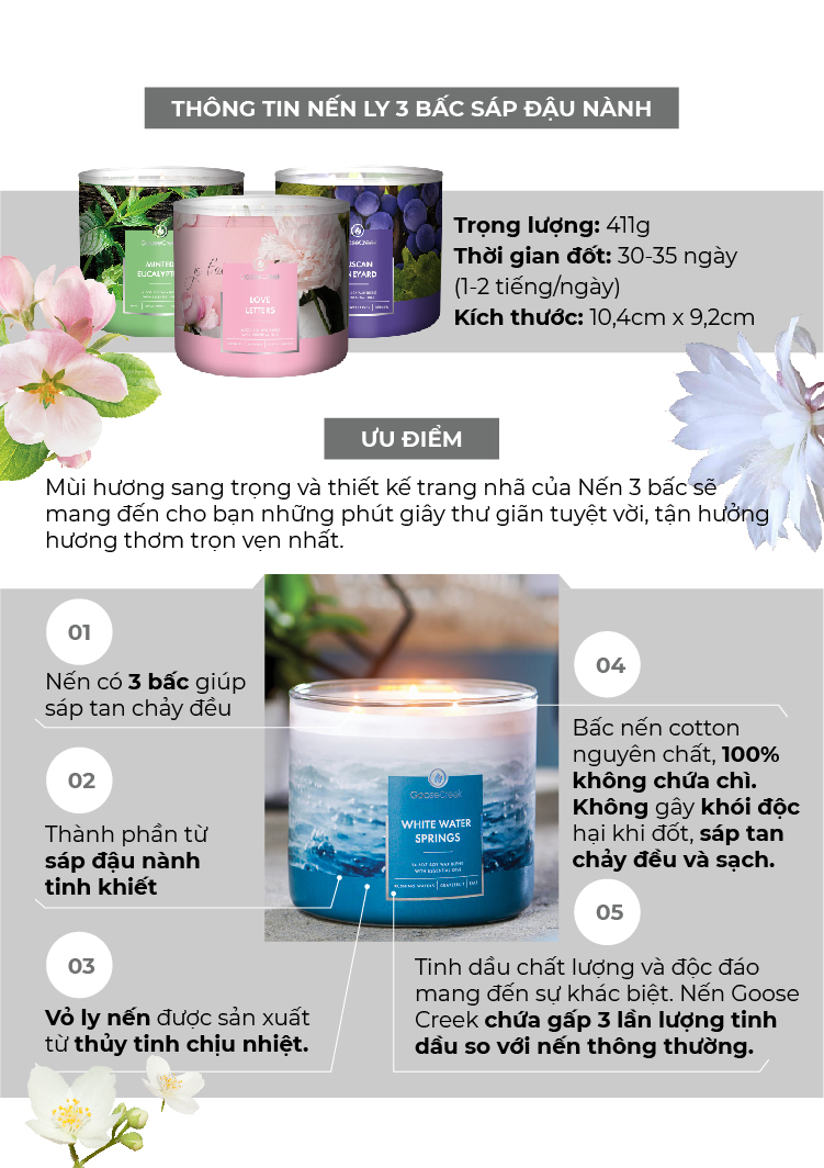 Nến ly 3 bấc sáp đậu nành Goose Creek (411g) - Burlwood & Oak