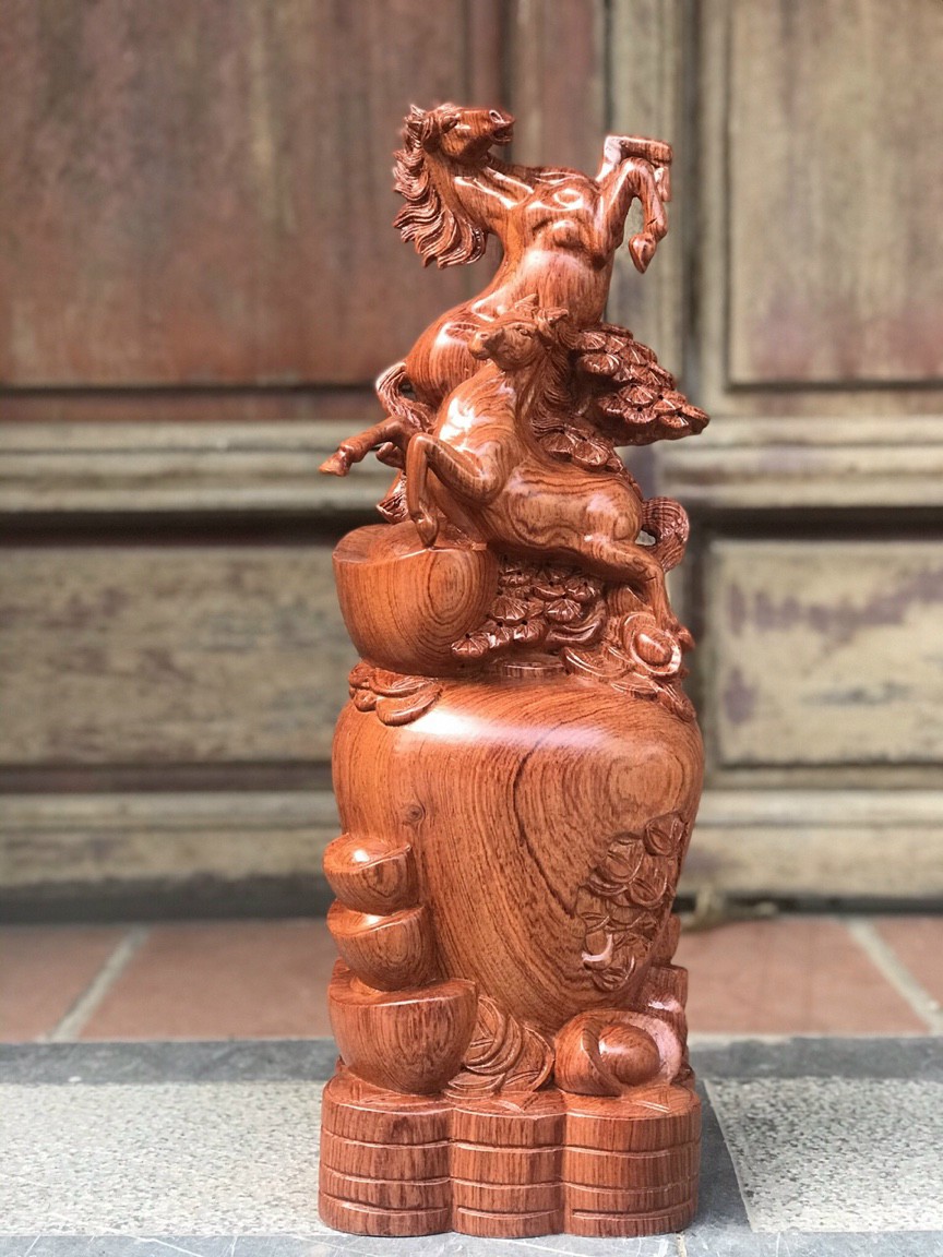 Tượng con ngựa song mã uyên ương bằng gỗ hương đá kt cao 50×22×15cm