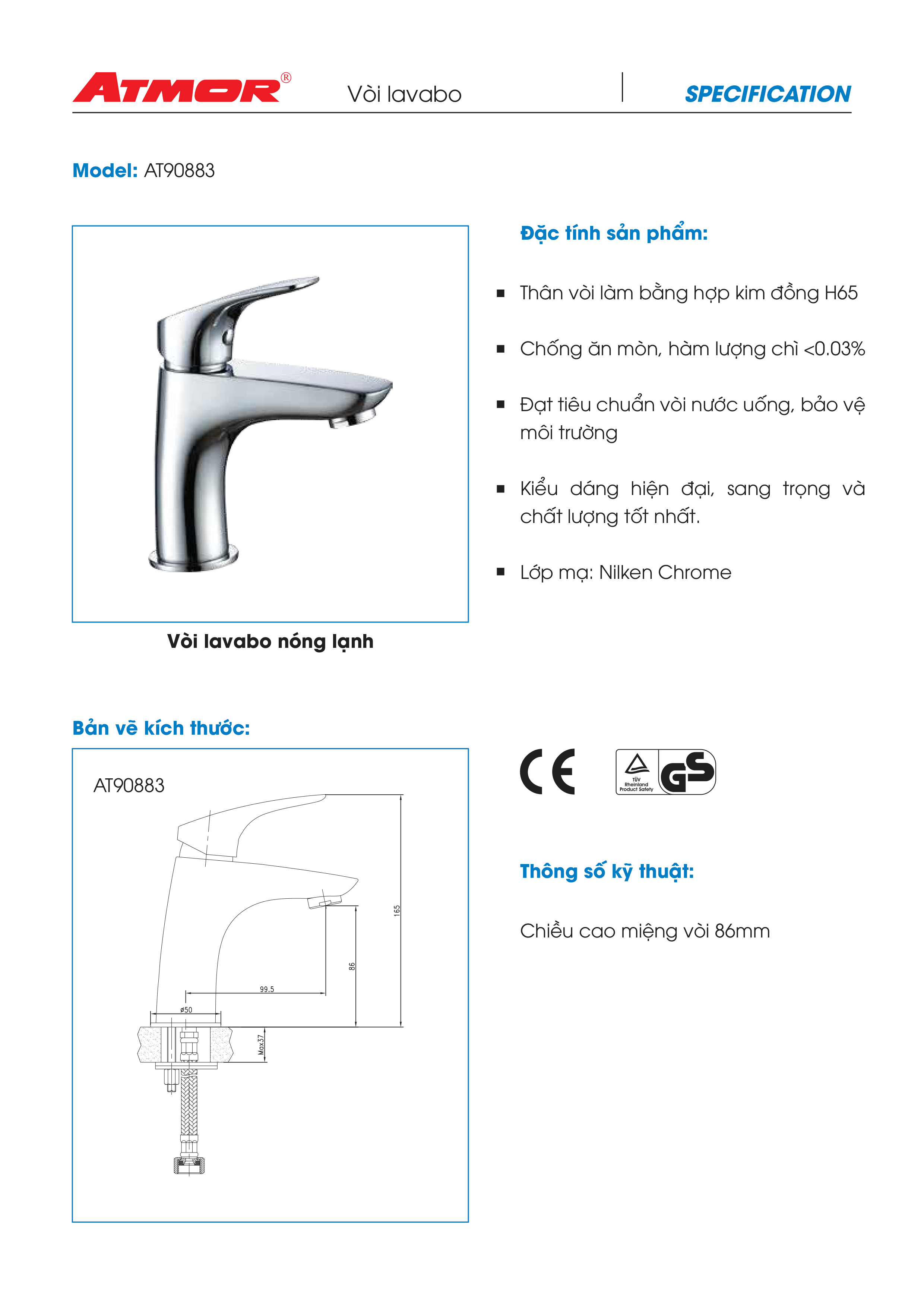 Vòi lavabo nóng lạnh ATMOR AT90883 (HÀNG CHÍNH HÃNG)
