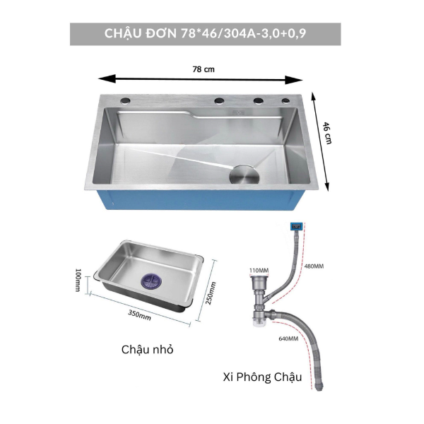 Combo chậu rửa chén bát 1 hố lớn Valenza 7846 inox sus304 chuẩn 100% kèm vòi rửa bát dáng Vuông Valenza sus304, bộ xả to ngăn mùi, khay inox kín-TẶNG BÌNH NƯỚC RỬA CHÉN