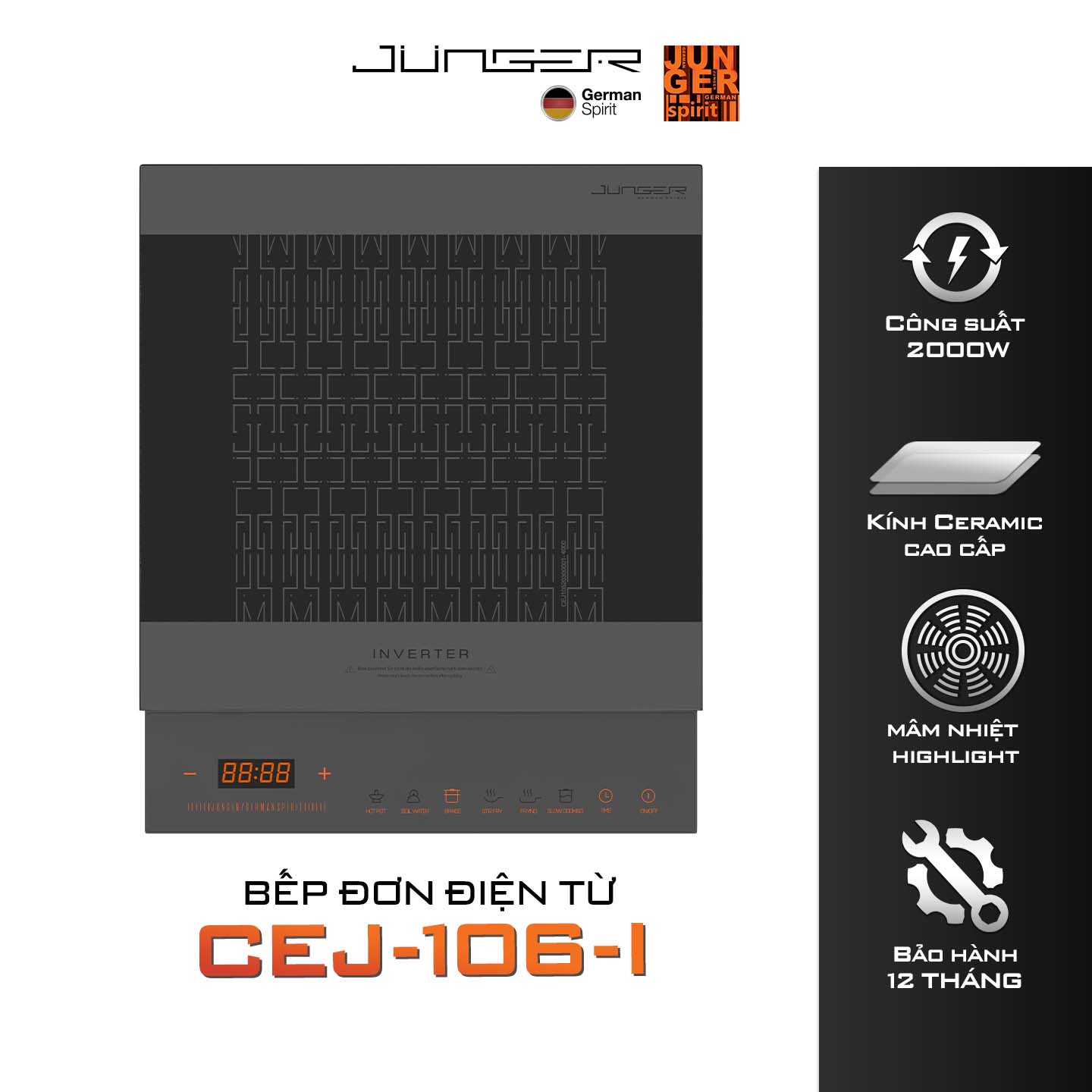 Bếp từ đơn Junger CEJ-106-I 2000W Inverter thế hệ mới Tiết kiệm điện Hàng Chính Hãng Bảo Hành 12 Tháng