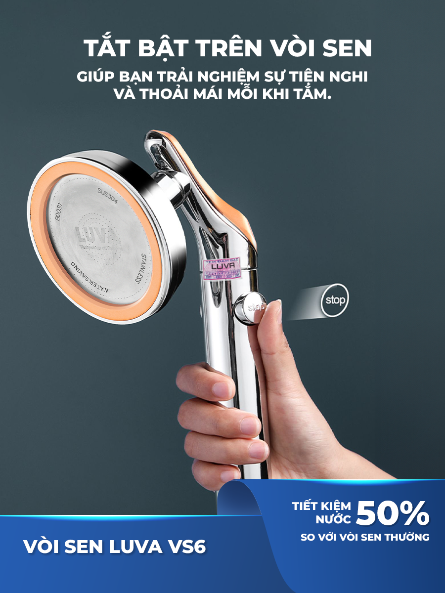 Vòi sen tắm LUVA VS6, bật tắt trên thân sen, bát sen rộng 11cm