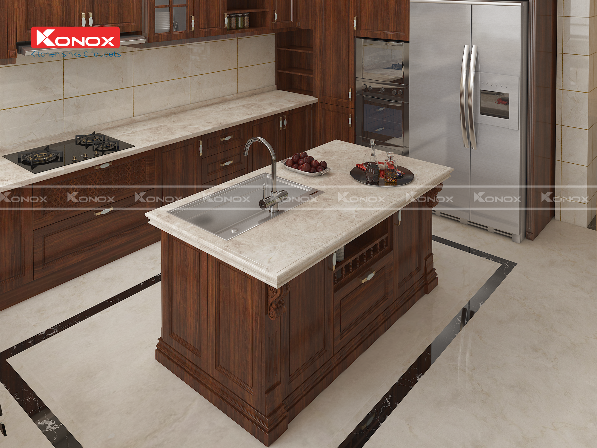 Vòi rửa bát 3 đường nước Konox, Model Trim-Water Black, 3 phiên bản màu, Bề mặt mạ PVD mạ vân đá, Lõi đồng tiêu chuẩn CW617N, Linh kiện phụ trợ dòng chảy nhập khẩu châu Âu, Bảo hành chính hãng 5 năm, Hàng chính hãng