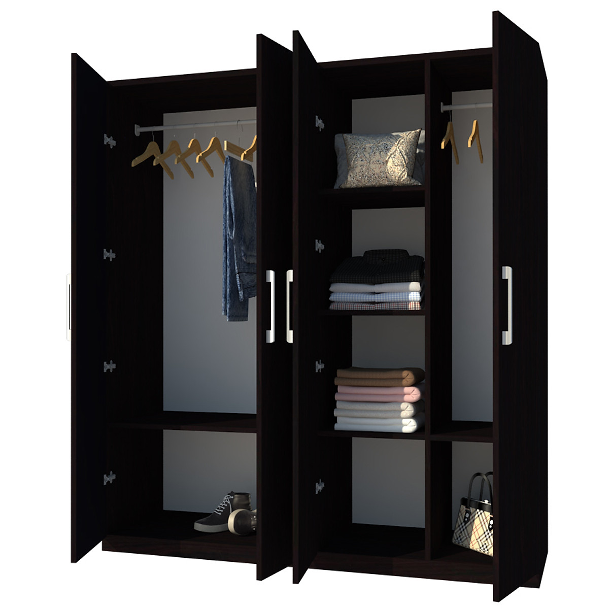 Tủ quần áo gỗ MDF Tundo 4 cánh 3 ngăn kéo màu nâu đậm 200 x 55 x 200cm