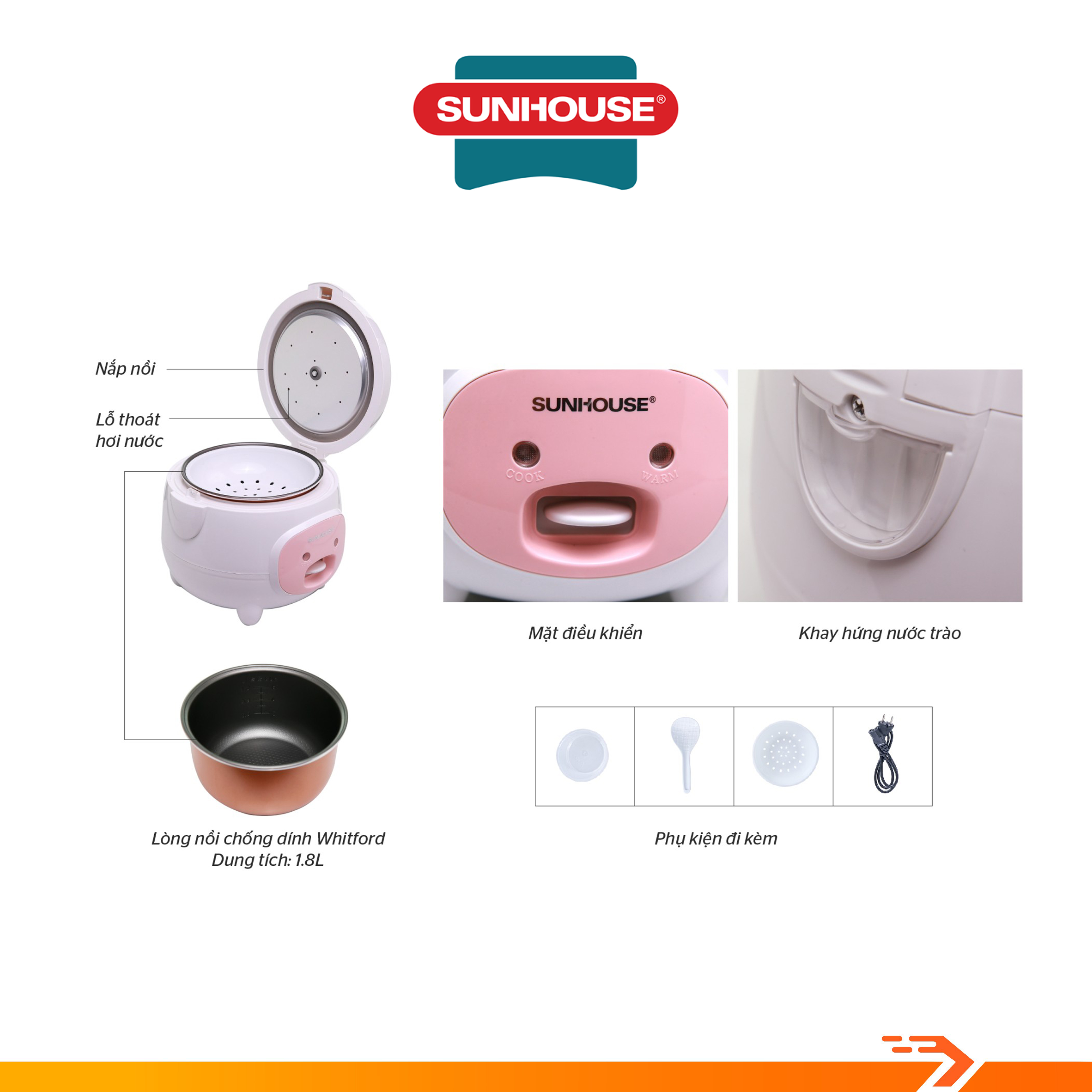 Nồi Cơm Điện Sunhouse 1.8 lít SHD8607W - Hàng Chính Hãng