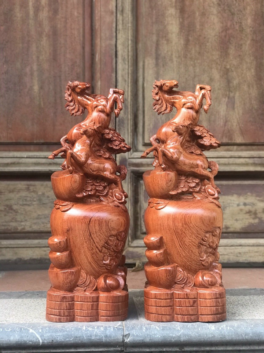 Tượng con ngựa song mã uyên ương bằng gỗ hương đá kt cao 50×22×15cm