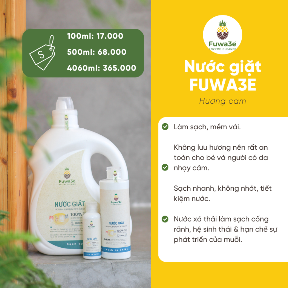 Nước giặt quần áo hữu cơ Fuwa3e an toàn cho bé chuyên giặt lụa hương cam 500ml