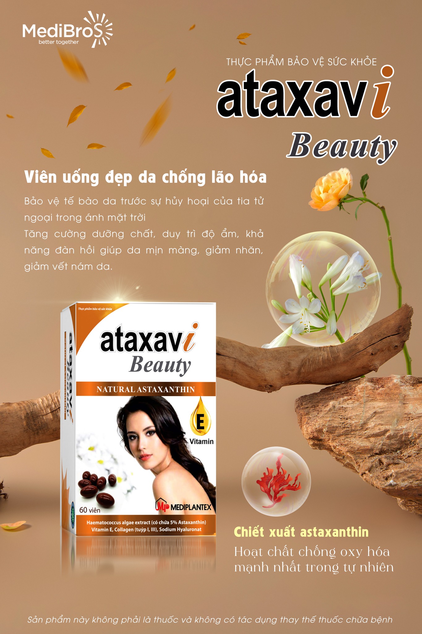Viên uống đẹp da chống lão hóa Ataxavi Beauty Medibro Hộp 60 viên - Natural Astaxanthin