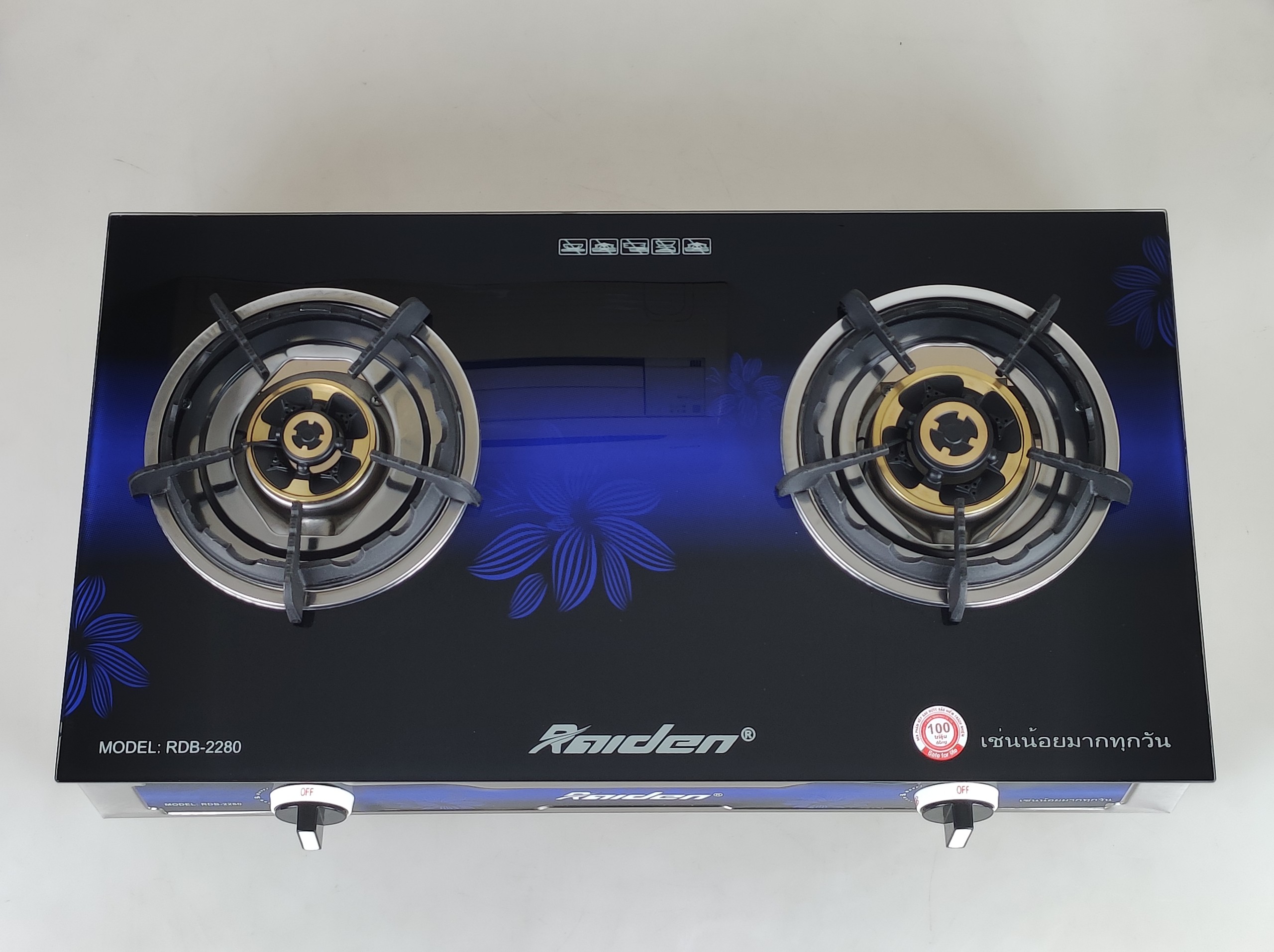 Bếp ga đôi kiếng cường lực Raiden RDB2280, đầu đốt đồng mũ nguyên khối lửa xanh, kiềng gang-Hàng chính hãng