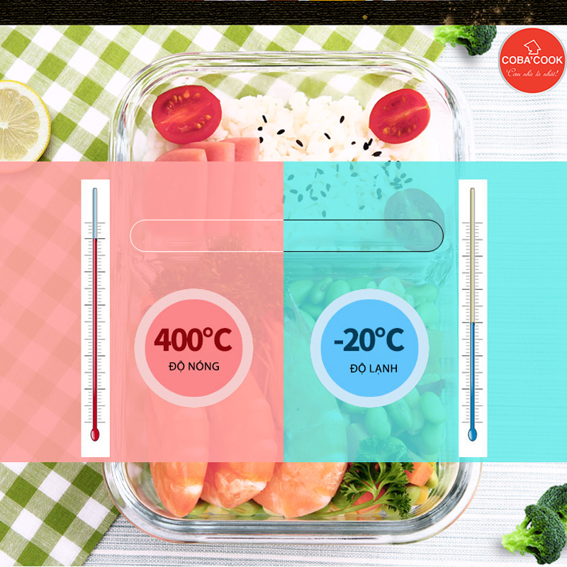 Bộ 3 hộp chữ nhật 370ml đựng cơm kèm túi hộp thủy tinh giữ nhiệt COBA