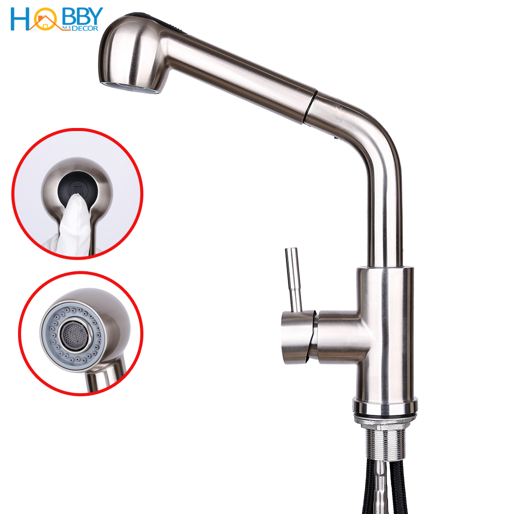 Vòi rửa chén nóng lạnh dây rút inox 304 mẫu thấp Hobby Home Decor VDR2