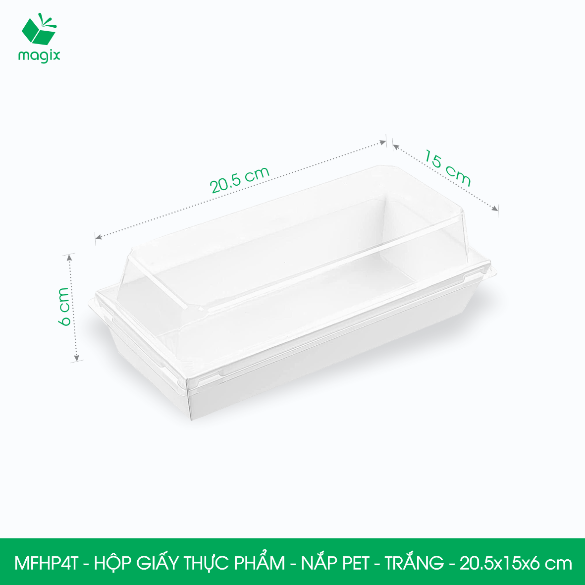 MFHP4T - 20.5x15x6 cm - 25 hộp giấy thực phẩm màu trắng nắp Pet, hộp giấy chữ nhật đựng thức ăn, hộp bánh nắp trong
