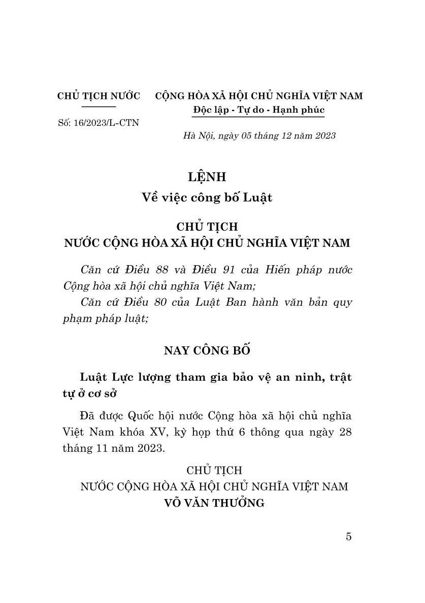 Luật lực lượng tham gia bảo vệ an ninh, trật tự ở cơ sở (bản in 2024)