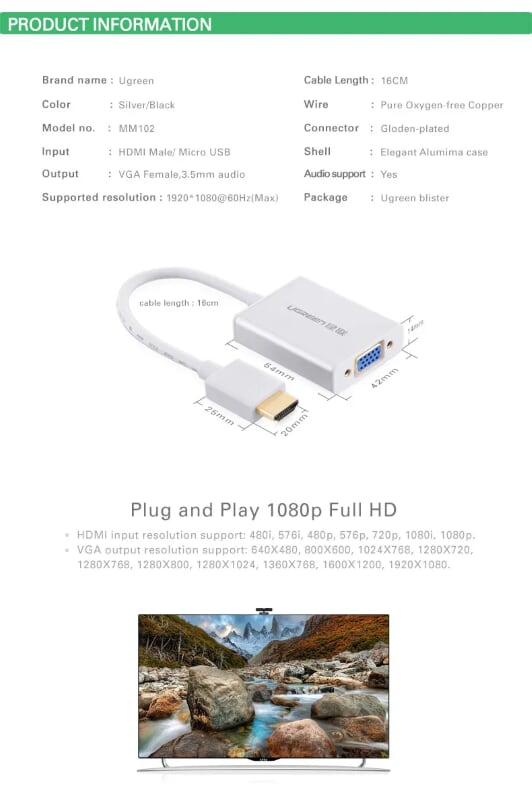 Ugreen UG40212MM102TK Màu Trắng Bộ chuyển HDMI sang VGA vỏ nhôm - HÀNG CHÍNH HÃNG