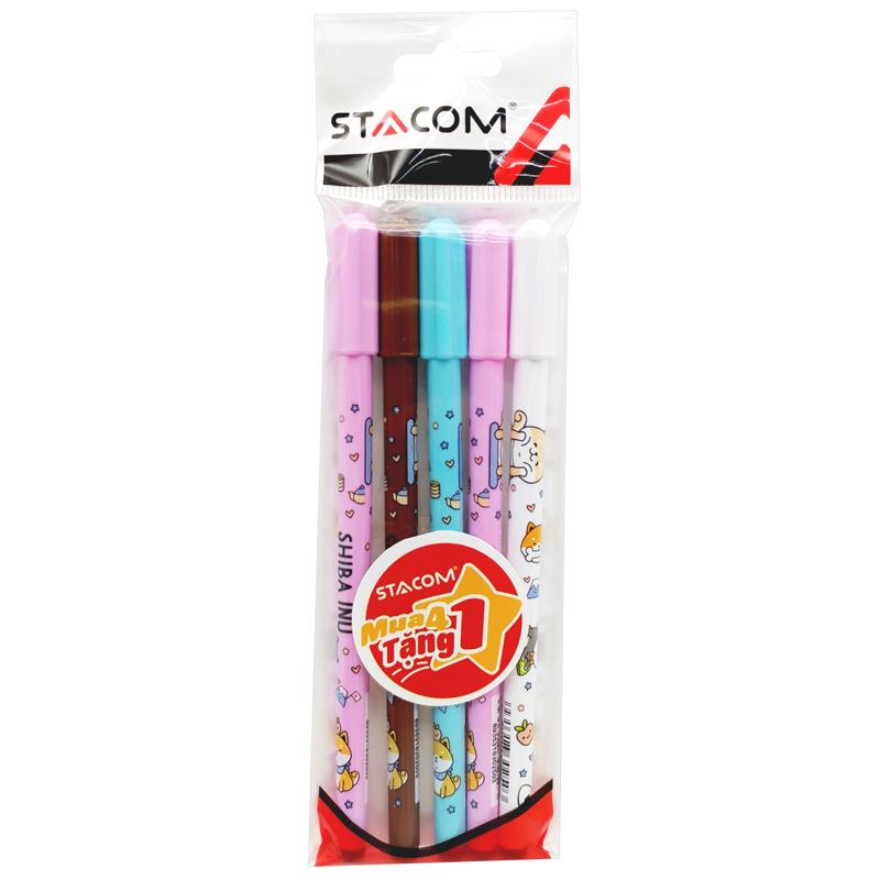 Vỉ 4 Bút Gel Xóa Được Shiba Inu 0.5 mm - Stacom VGP106E-C - Mực Xanh (Tặng Kèm 1 Bút GP106E-A)