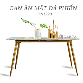 Bàn phòng ăn mặt đá phiến hình chữ nhật có vân đẹp chân mạ màu vàng sang trọng nhập khẩu TN1228-14E TpHCM 
