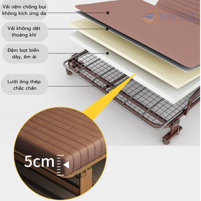 Giường gấp nâng đầu tự động 5 cấp độ hỗ trợ trào ngược dạ dày, khung thép chắc chắn, đệm dày êm, chính hãng Nikita