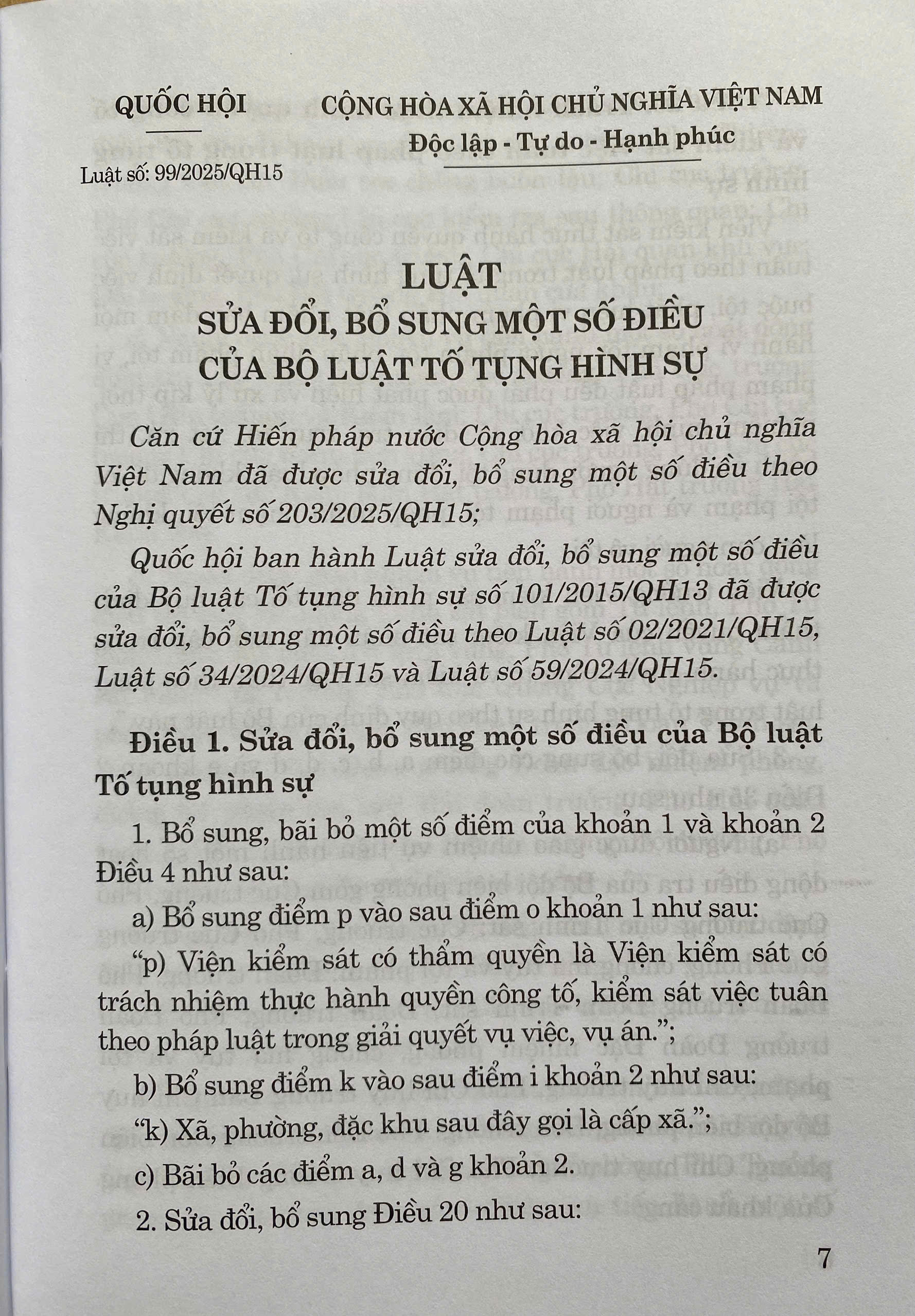 Luật Sửa Đổi, Bổ Sung Một Số Điều Của Bộ Luật Tố Tụng Hình Sự Năm 2025