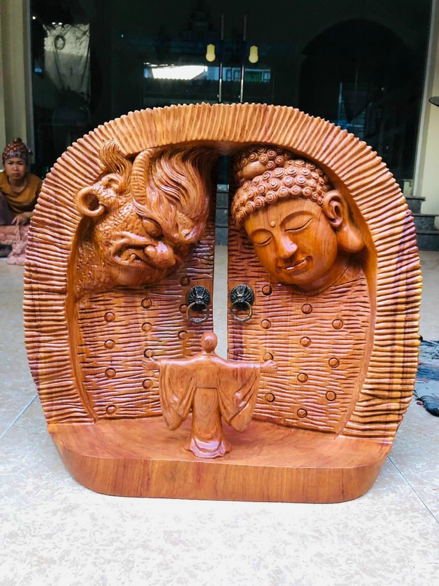 Tượng cánh cửu thiện ác bằng gỗ hương đá liền khối kt 24×25×7cm