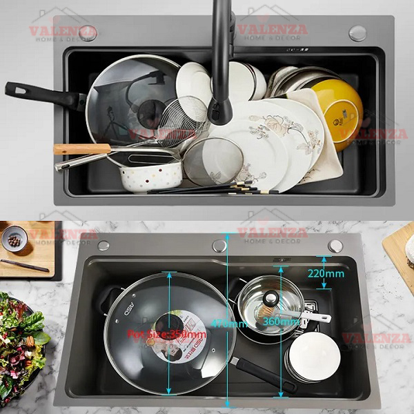 Chậu rửa bát inox304 chống xước 7546 nano đen dày 3li, vòi rửa bát nóng lạnh Vuông, xiphong, khay inox, bình nước rửa bát, xịt rửa ly cốc