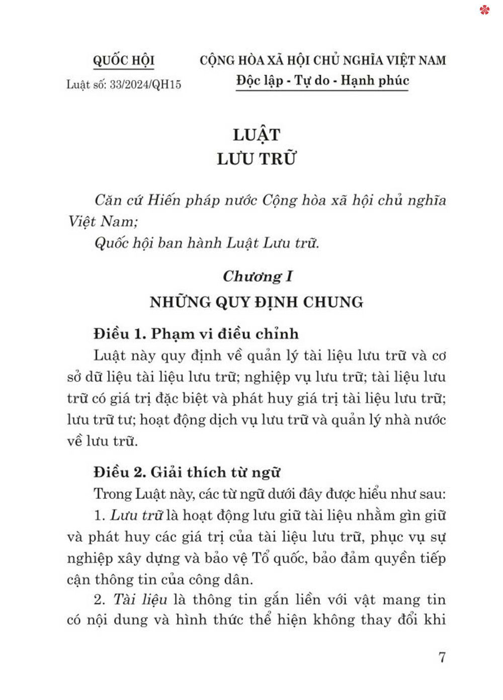 Luật lưu trữ năm 2024 - bản in 2024