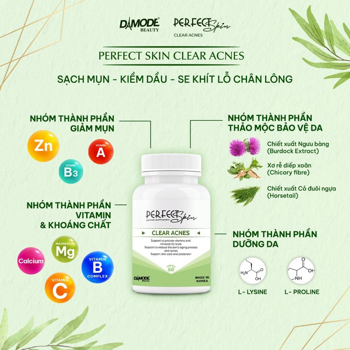 Viên uống ngăn ngừa mụn CLEAR ACNES DAMODE lọ 60 viên