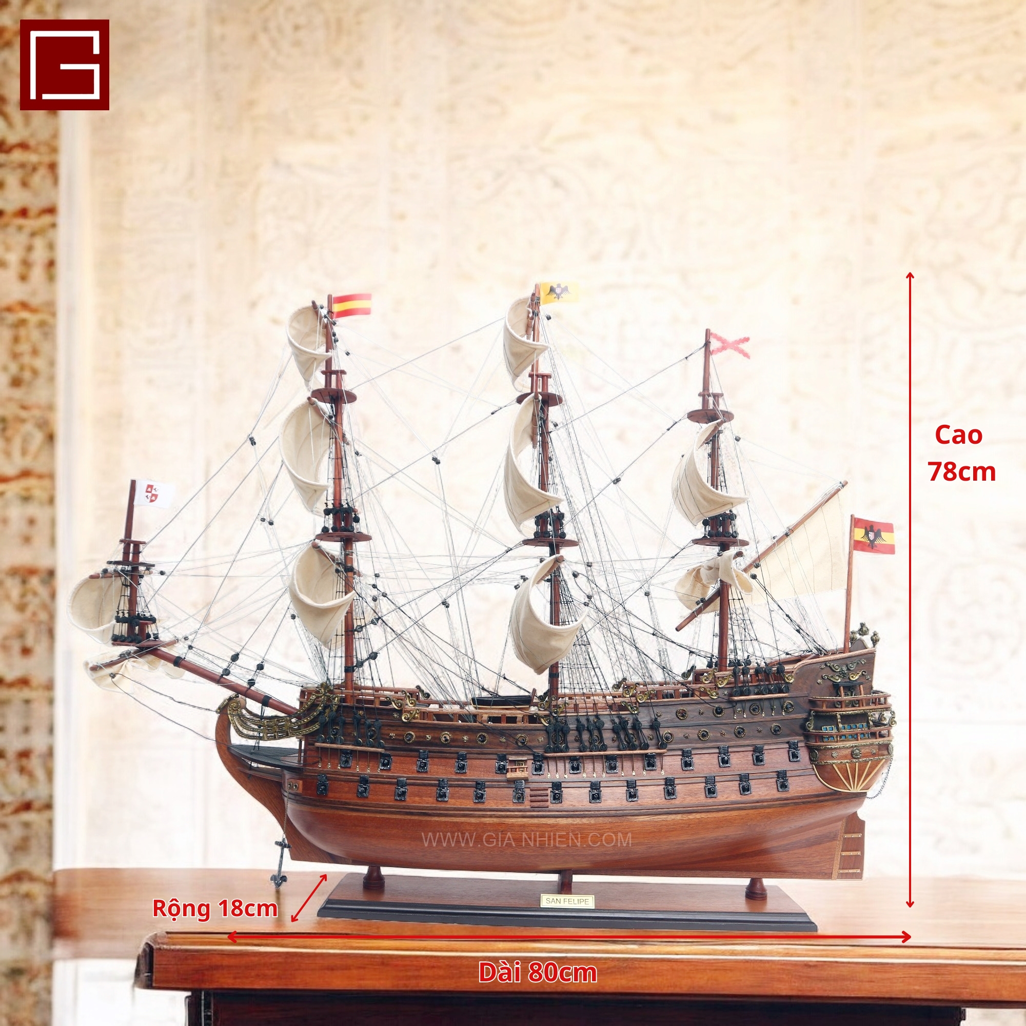 Mô Hình Thuyền Gỗ Phong Thủy Gia Nhiên, Thuyền Buồm Gỗ SAN FELIPE, thuyền buồm phong thủy chính hãng