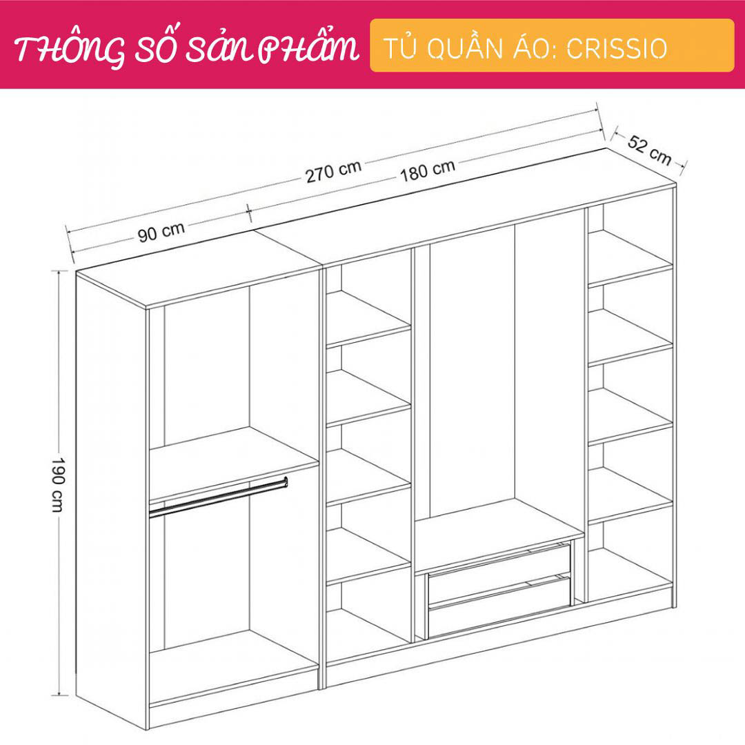 Tủ để quần áo gia đình bằng gỗ thiết kế đẹp SMLIFE Crissio