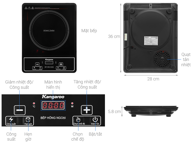 Bếp hồng ngoại đơn Kangaroo KG20IFP1, 2000W - Kính chịu lực - Hàng chính hãng