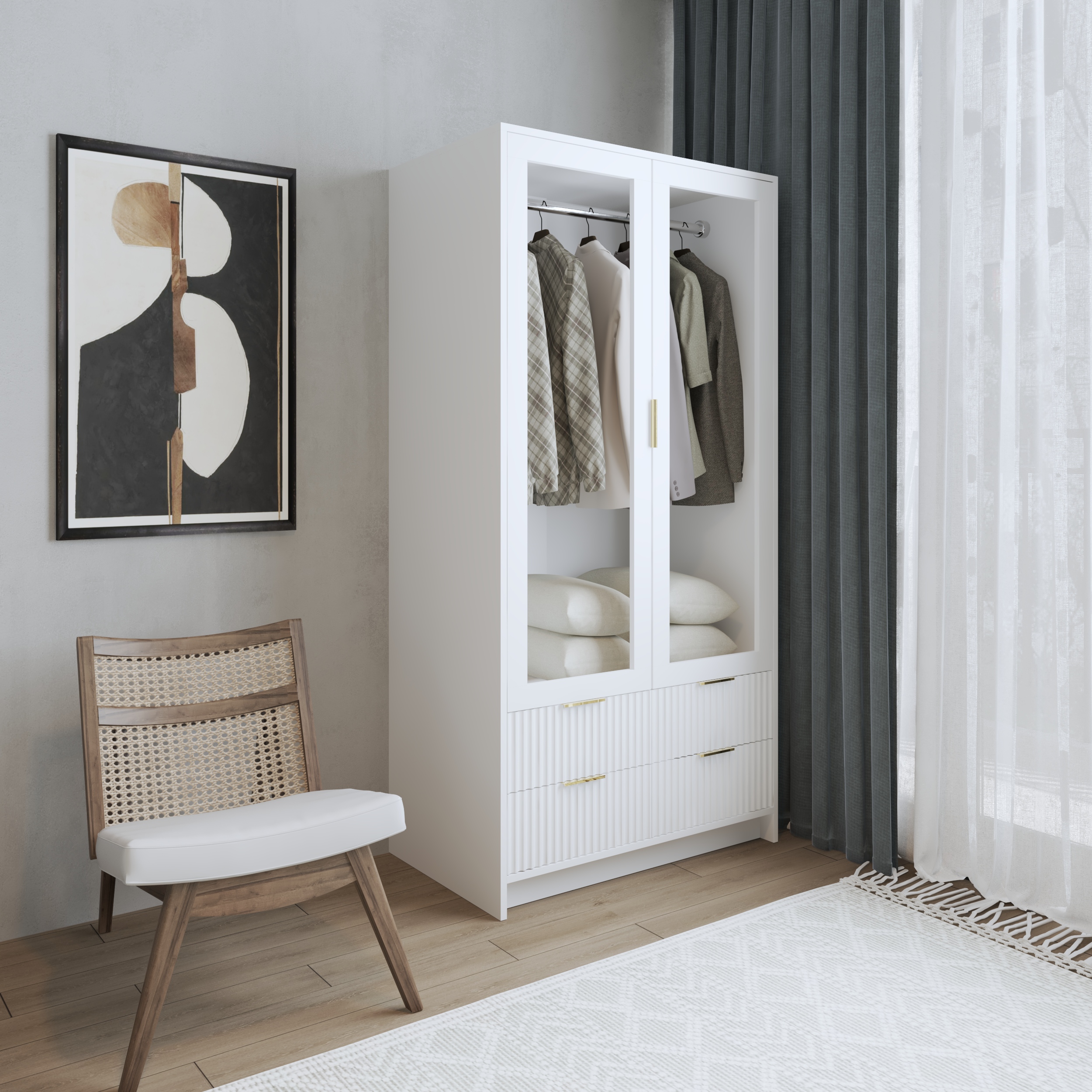 HAPPY FURNITURE , Tủ quần áo 2 cửa kính 4 ngăn kéo - NAMI, TCM_219 , 90cm x 54cm x 180cm DxRxC