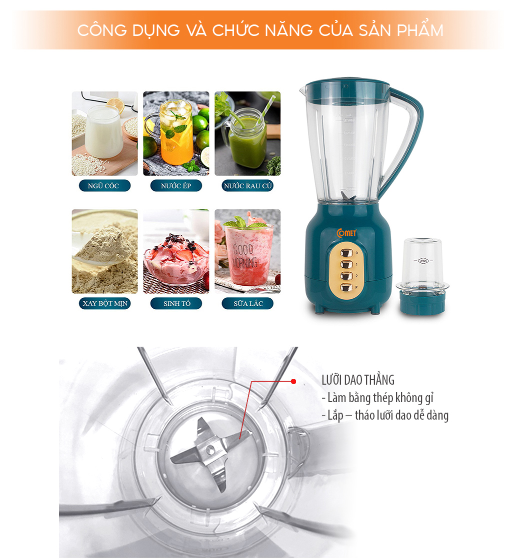 Máy Xay Sinh Tố Comet CM9952 – 450W, Cối Nhựa Kháng Vỡ 1.5L, Lưỡi Dao Inox Sắc Bén - Hàng chính hãng