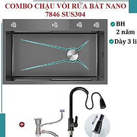 Chậu rửa bát inox304 chống xước 7845 nano đen dày 3li, vòi rửa bát nóng lạnh rút dây nano, bộ xả, khay inox, xịt ly cốc, bình rửa bát