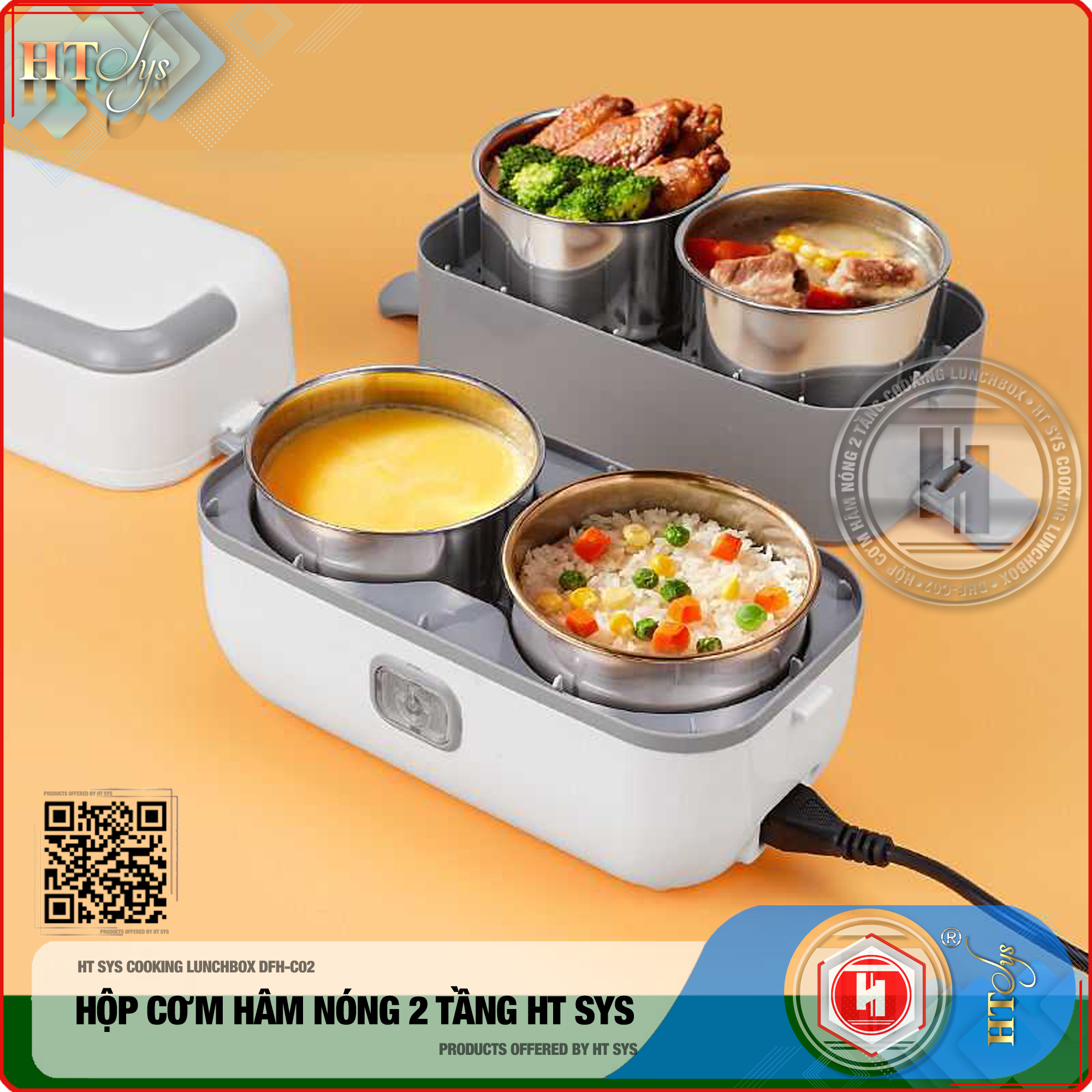 Hộp Cơm Hâm Nóng Cắm Điện HT SYS - COOKING LUNCHBOX DFH C02 - Hộp Cơm Cắm Điện Có Thể Nấu Chín Và Hâm Nóng Thức Ăn - 2 lít,4 Ngăn - Ruột Bằng Inox SUS304 Cao Cấp - Hàng Nhập Khẩu