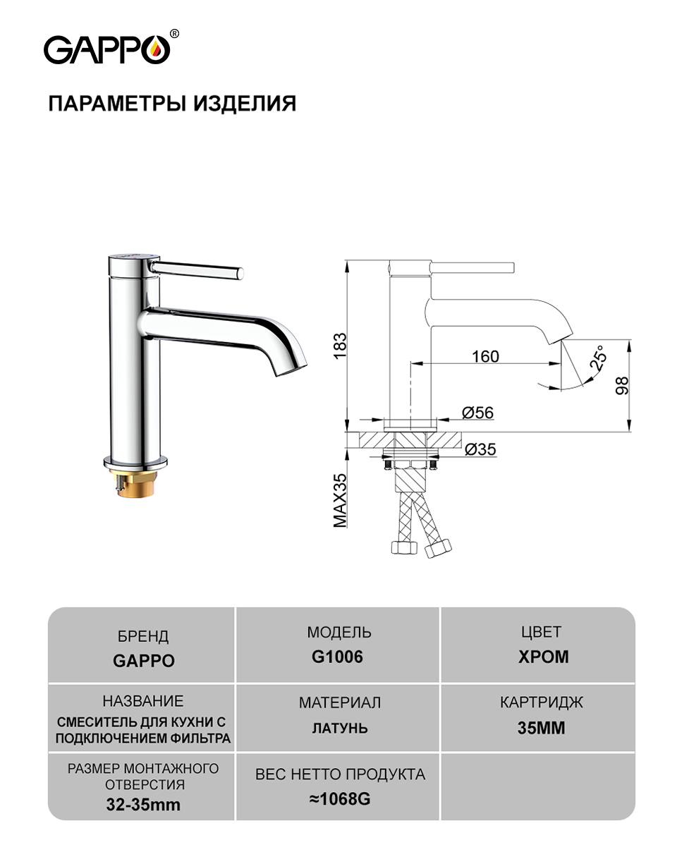 VÒI LAVABO THẤP CAO CẤP NHẬP KHẨU NGA GAPPO G1006 - HÀNG CHÍNH HÃNG