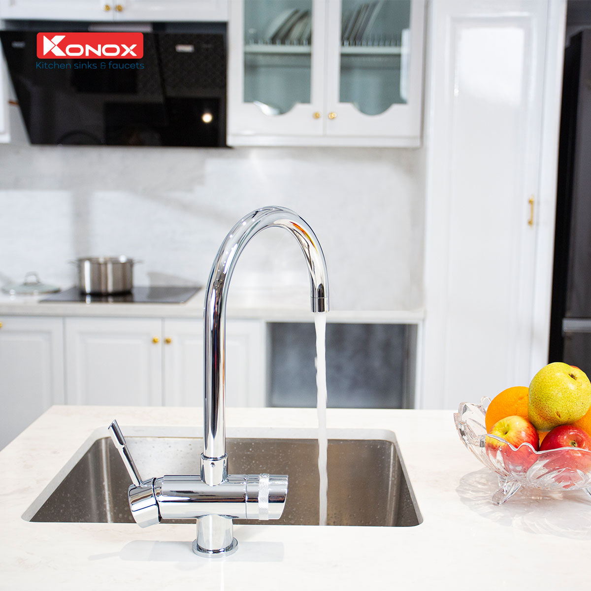 Vòi rửa bát 3 đường nước Konox, Model Trim-Water Black, 3 phiên bản màu, Bề mặt mạ PVD mạ vân đá, Lõi đồng tiêu chuẩn CW617N, Linh kiện phụ trợ dòng chảy nhập khẩu châu Âu, Bảo hành chính hãng 5 năm, Hàng chính hãng