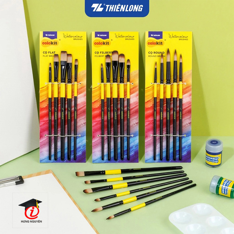 Bộ 5 Cọ vẽ màu nước Thiên Long đầu Round/ Flat/ Filbert - Cọ lông mềm cho cảm giác tô, vẽ êm mượt