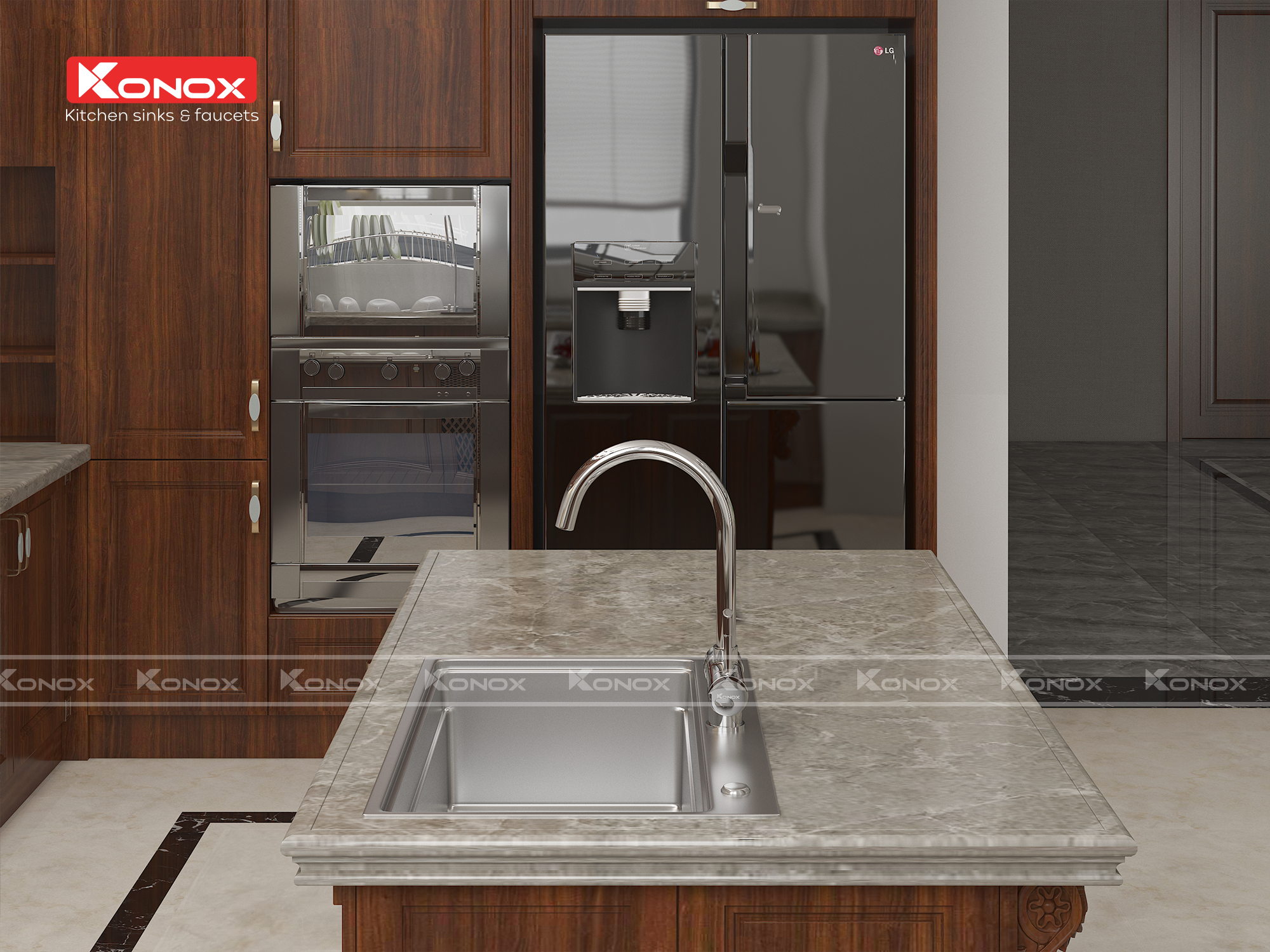Vòi rửa bát 3 đường nước Konox, Model Trim-Water Black, 3 phiên bản màu, Bề mặt mạ PVD mạ vân đá, Lõi đồng tiêu chuẩn CW617N, Linh kiện phụ trợ dòng chảy nhập khẩu châu Âu, Bảo hành chính hãng 5 năm, Hàng chính hãng