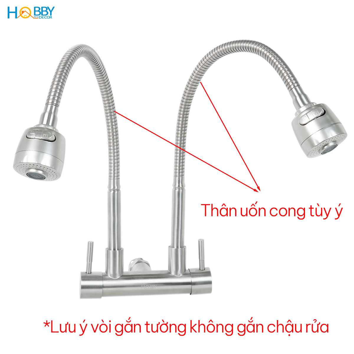 Vòi rửa chén gắn tường 2 đầu xả tăng áp inox 304 Hobby home decor G2T