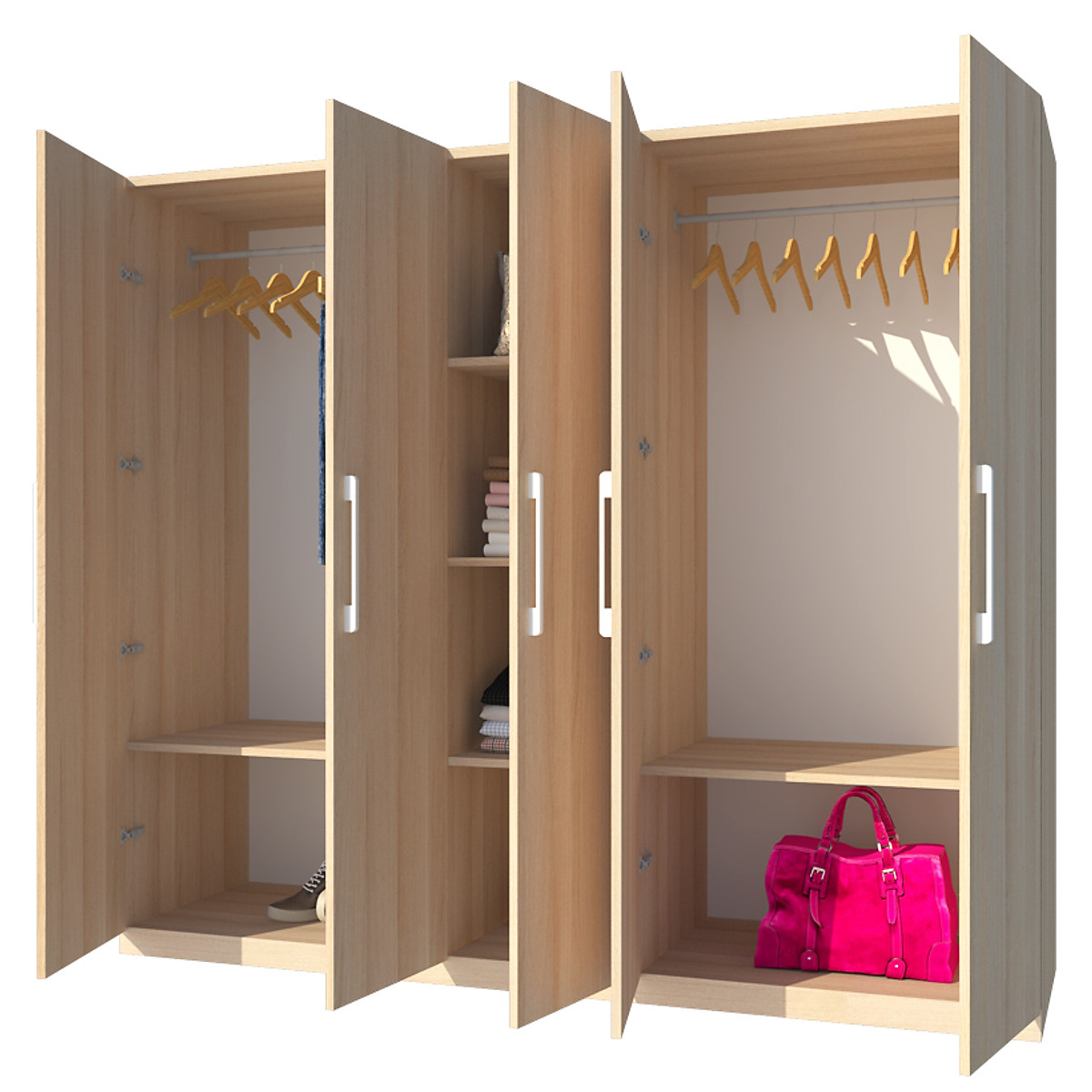 Tủ quần áo gỗ MDF Tundo 5 cánh 2 ngăn màu vàng sồi 220 x 55 x 200cm