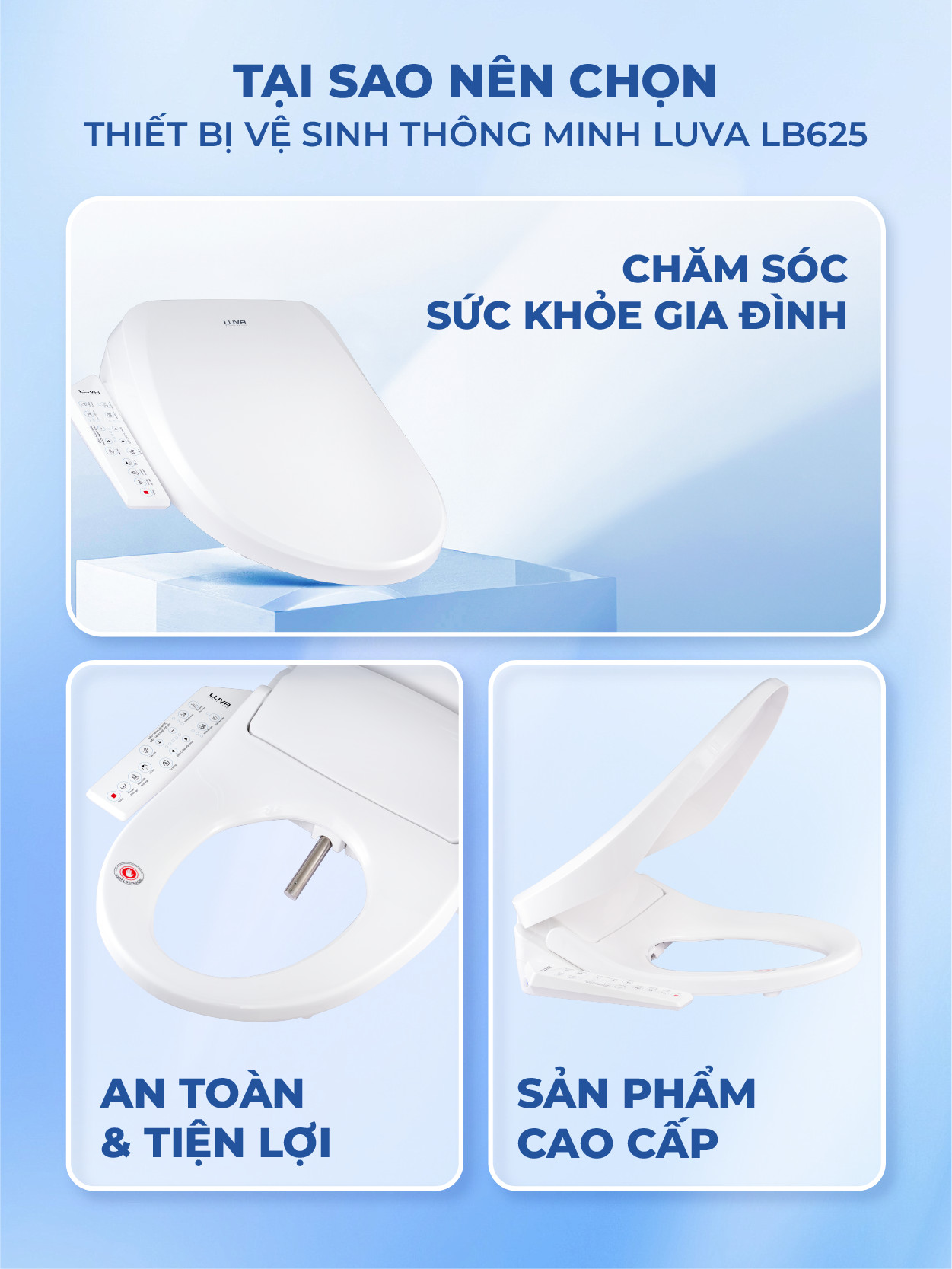 Nắp Bồn Cầu Điện Tử LUVA Bidet LB625 Điều Khiển Cảm Ứng Tiếng Việt, Đổi Lỗi 100 Ngày, Sấy Khô, Chống Nước IPX5, Sấy Vành Ngồi, Chế Độ Rửa Trẻ Em