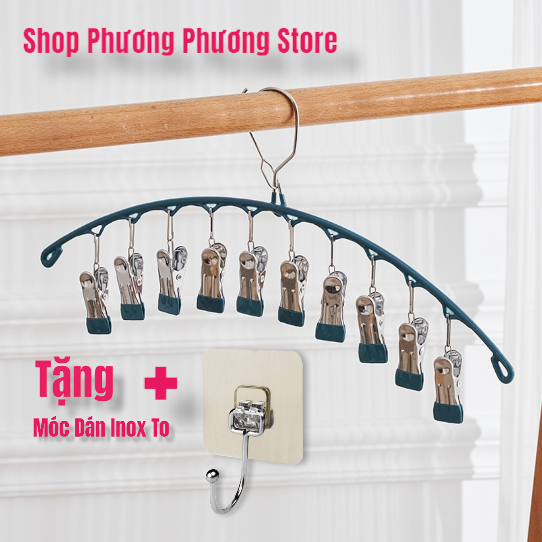 Combo Móc phơi quần áo inox có khóa móc treo chắc chắn - 10 kẹp được phủ nhựa chống sầy xước khi phơi đồ ( tặng móc dán inox to ) Hàng Cao Cấp