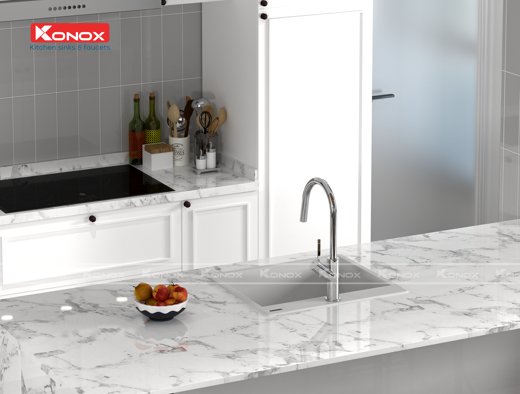 Vòi rửa bát kéo dây Konox, Model Ponte Grey, 4 phiên bản màu, Bề mặt mạ PVD 5 lớp cao cấp, Lõi đồng tiêu chuẩn CW617N, Linh kiện phụ trợ dòng chảy nhập khẩu châu Âu, Bảo hành chính hãng 5 năm, Hàng chính hãng