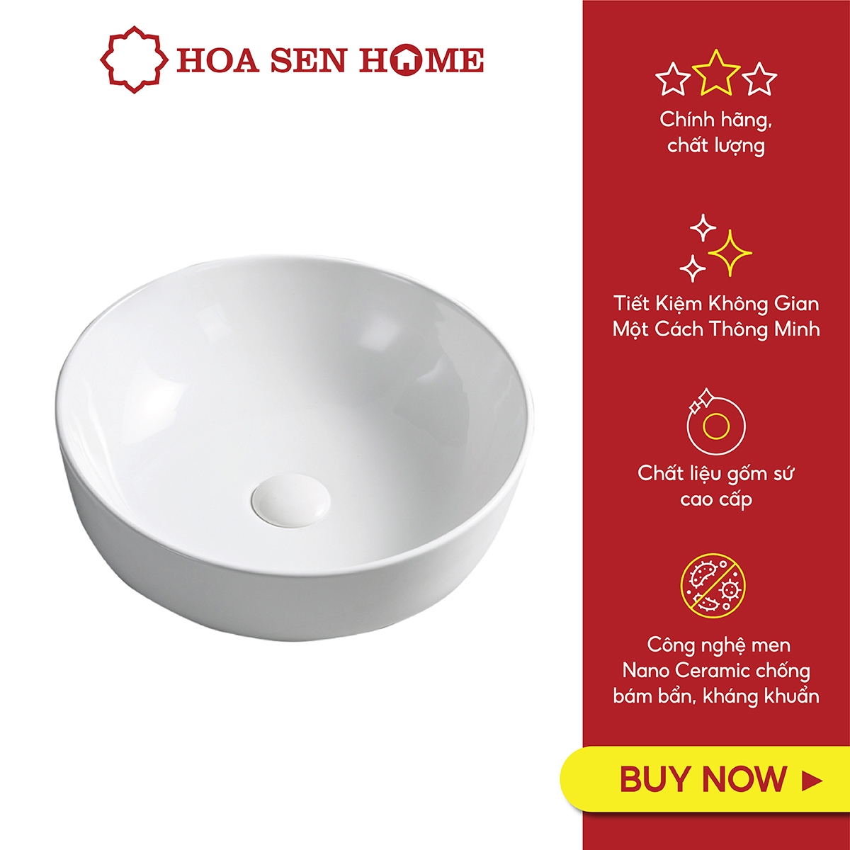 Lavabo đặt bàn TUSLO L006 chất liệu gốm sứ tráng men, lớp phủ Ceramic công nghệ men Nano kháng khuẩn - Hoa Sen Home - Hàng chính hãng