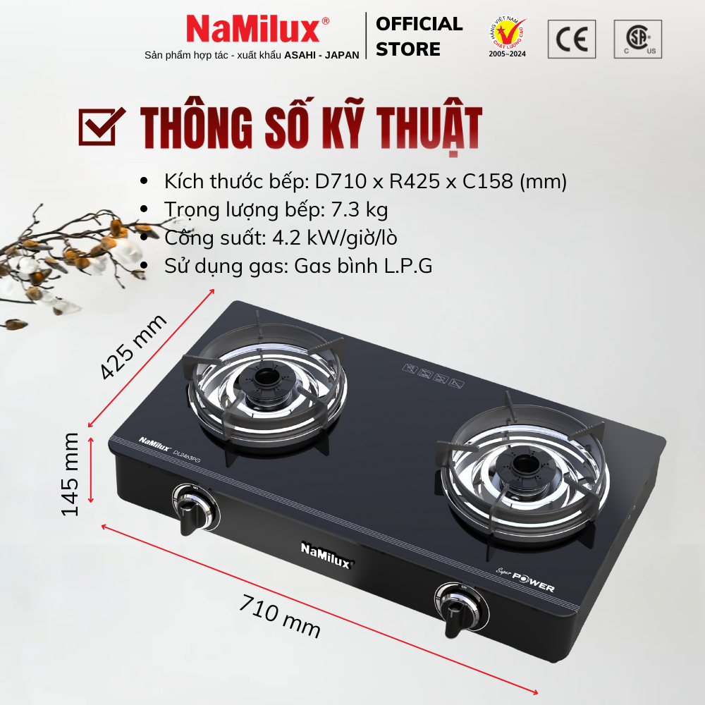 Bếp Gas Đôi Mặt Kính Cao Cấp NaMilux DL2463PG – Công Suất Mạnh 4.2Kw – Kiềng Bếp Tráng Men – Hàng Chính Hãng